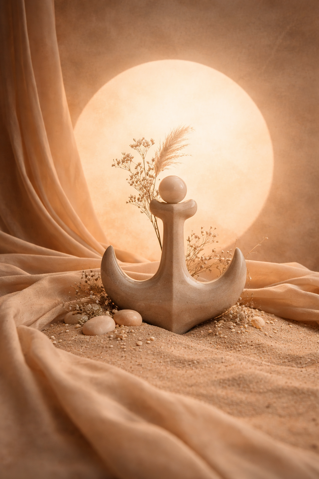 Sculptural anchor in sand with soft fabric and warm light.