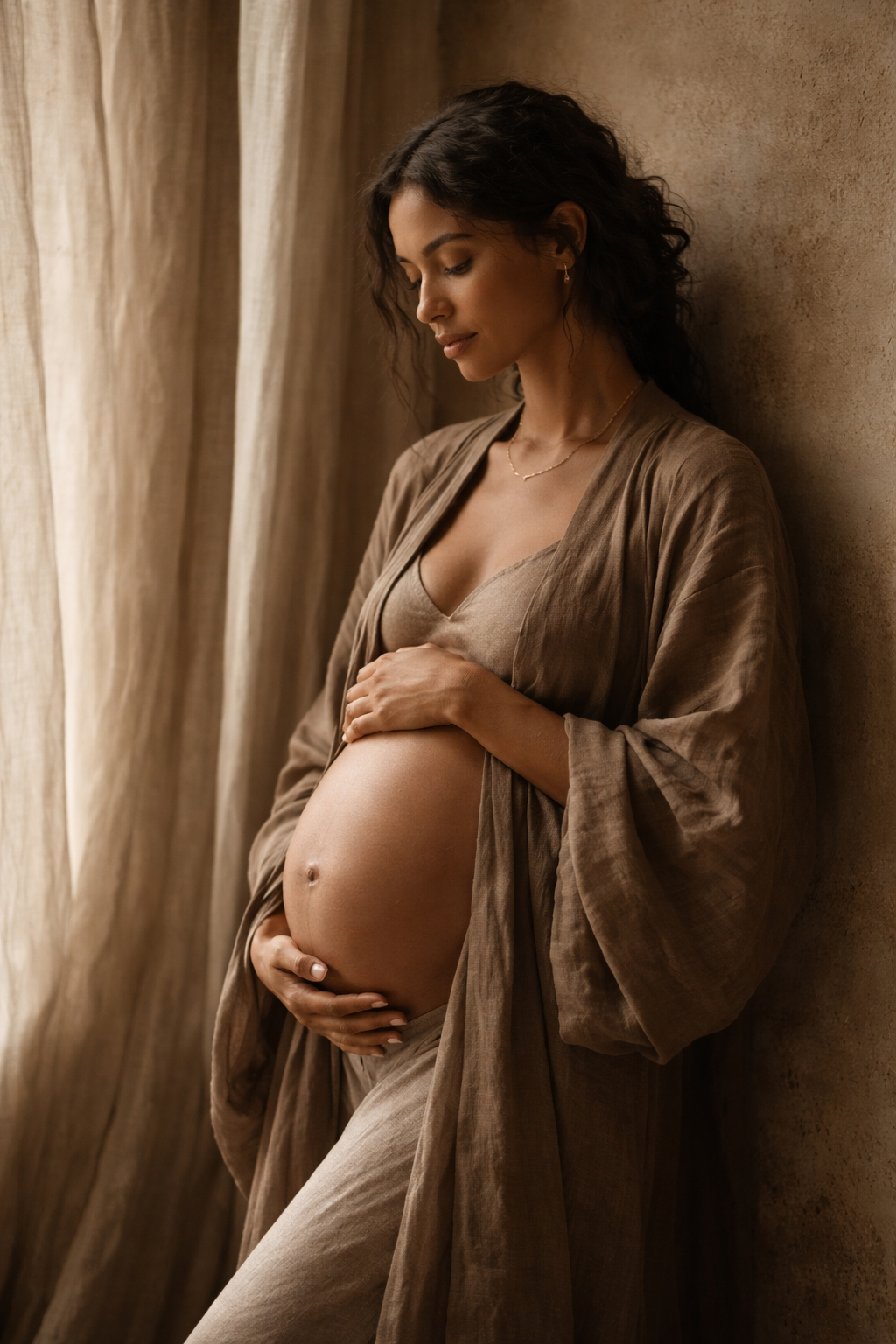 Pregnant person in soft light.
