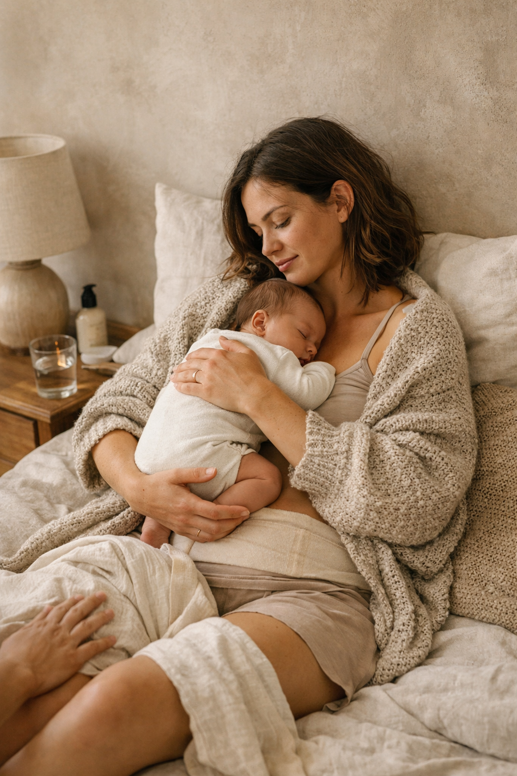 Parent holding a newborn at home.